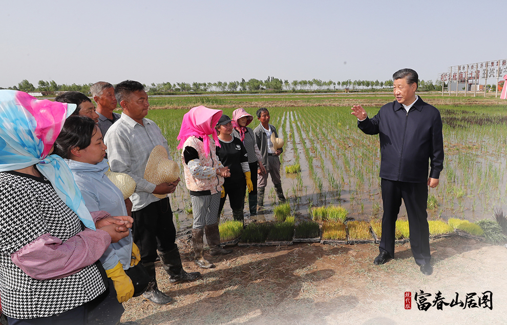 2020年6月9日，習(xí)近平在寧夏回族自治區(qū)銀川市賀蘭縣稻漁空間鄉(xiāng)村生態(tài)觀光園，同正在勞作的村民親切交談。