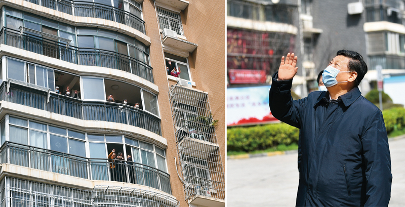 2020年3月10日，習(xí)近平專門赴湖北省武漢市考察新冠肺炎疫情防控工作。這是習(xí)近平在東湖新城社區(qū)考察時(shí)，向在家隔離居住的居民揮手致意、表示慰問（拼版照片）